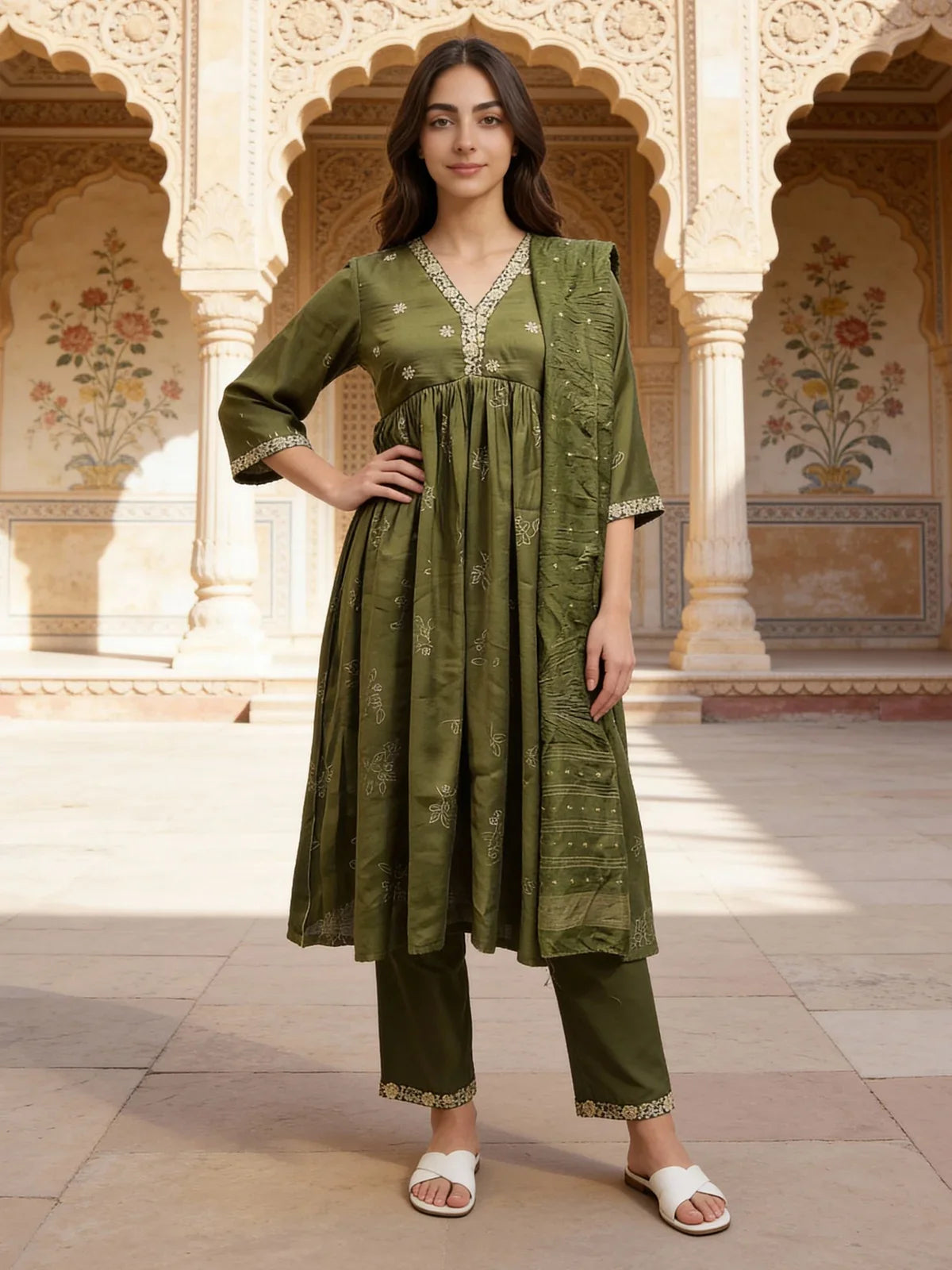 Buy Poly Viscose Embroidered Anarkali Calf Length Kurta and Pant with Dupatta-Green