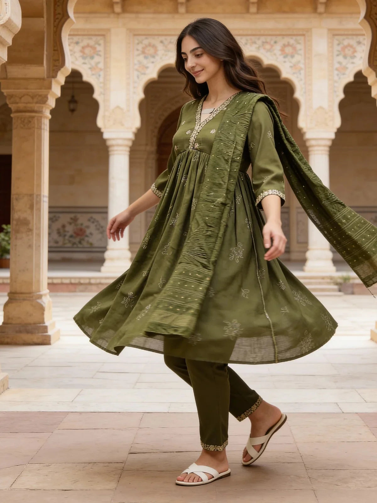 Buy Poly Viscose Embroidered Anarkali Calf Length Kurta and Pant with Dupatta-Green