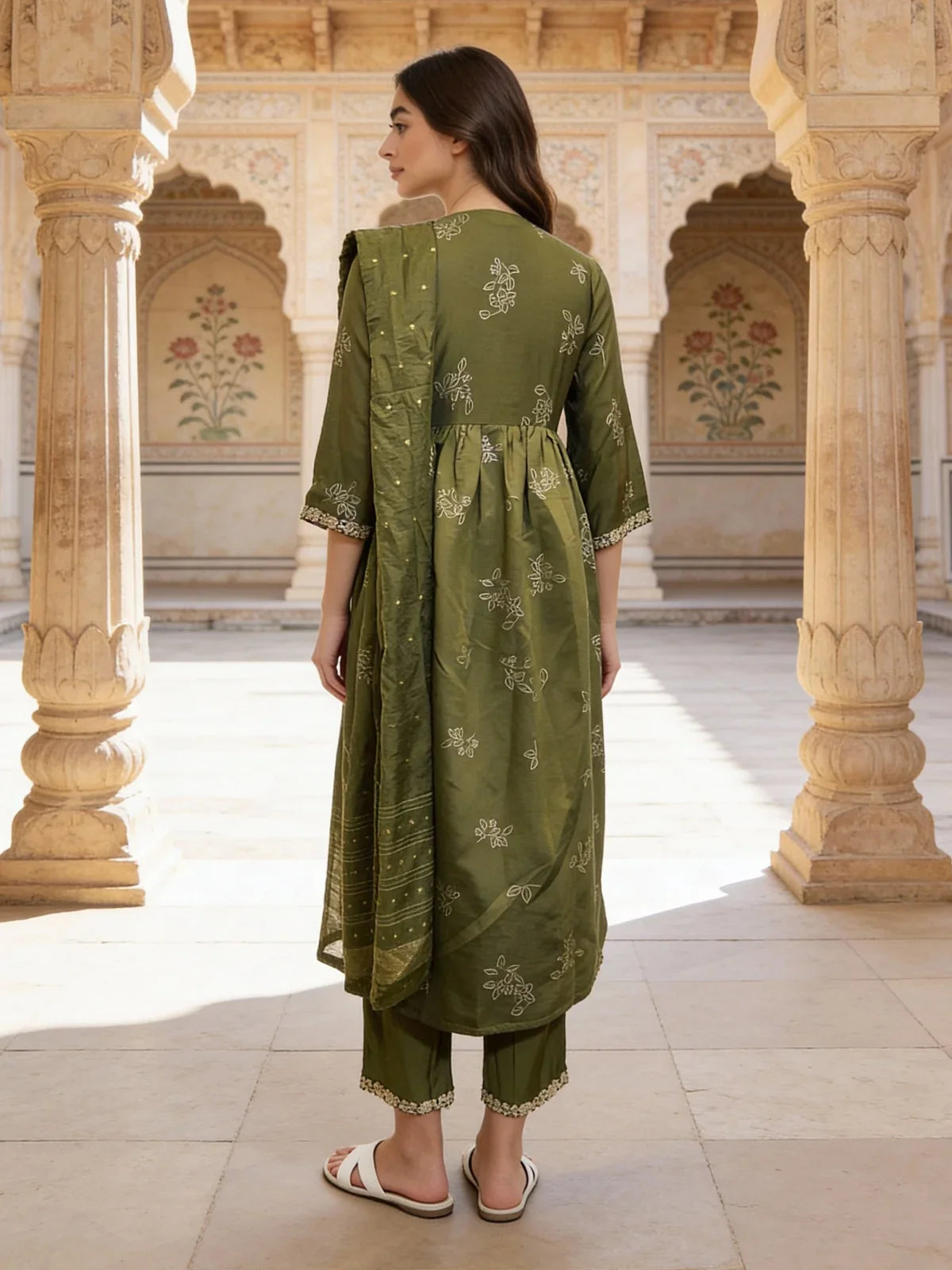 Buy Poly Viscose Embroidered Anarkali Calf Length Kurta and Pant with Dupatta-Green