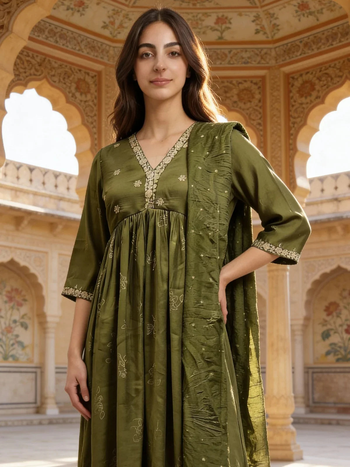 Buy Poly Viscose Embroidered Anarkali Calf Length Kurta and Pant with Dupatta-Green