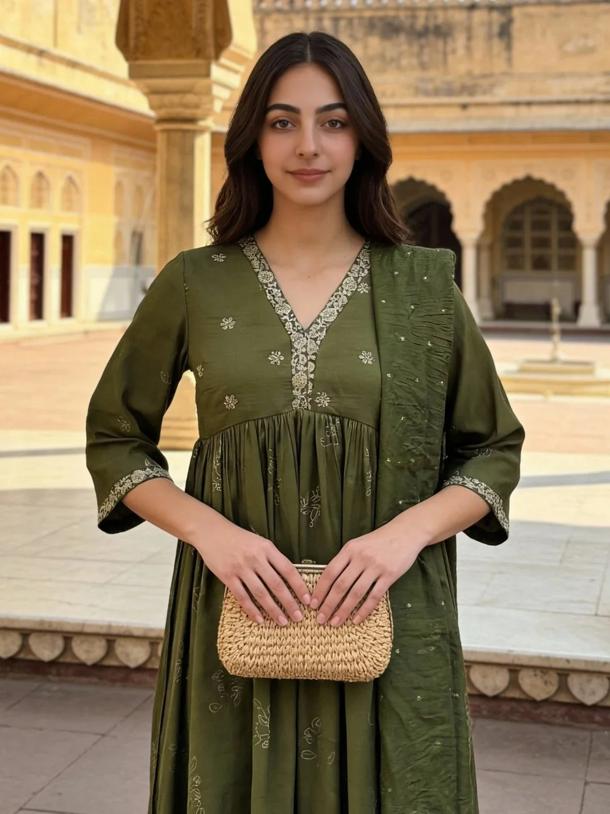 Buy Poly Viscose Embroidered Anarkali Calf Length Kurta and Pant with Dupatta-Green