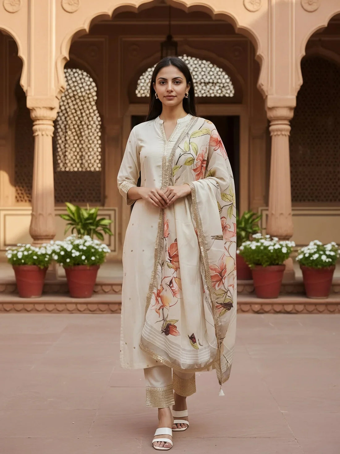 Buy Polyester Embroidered Straight Calf Length Kurta with Pant and Dupatta-Off White