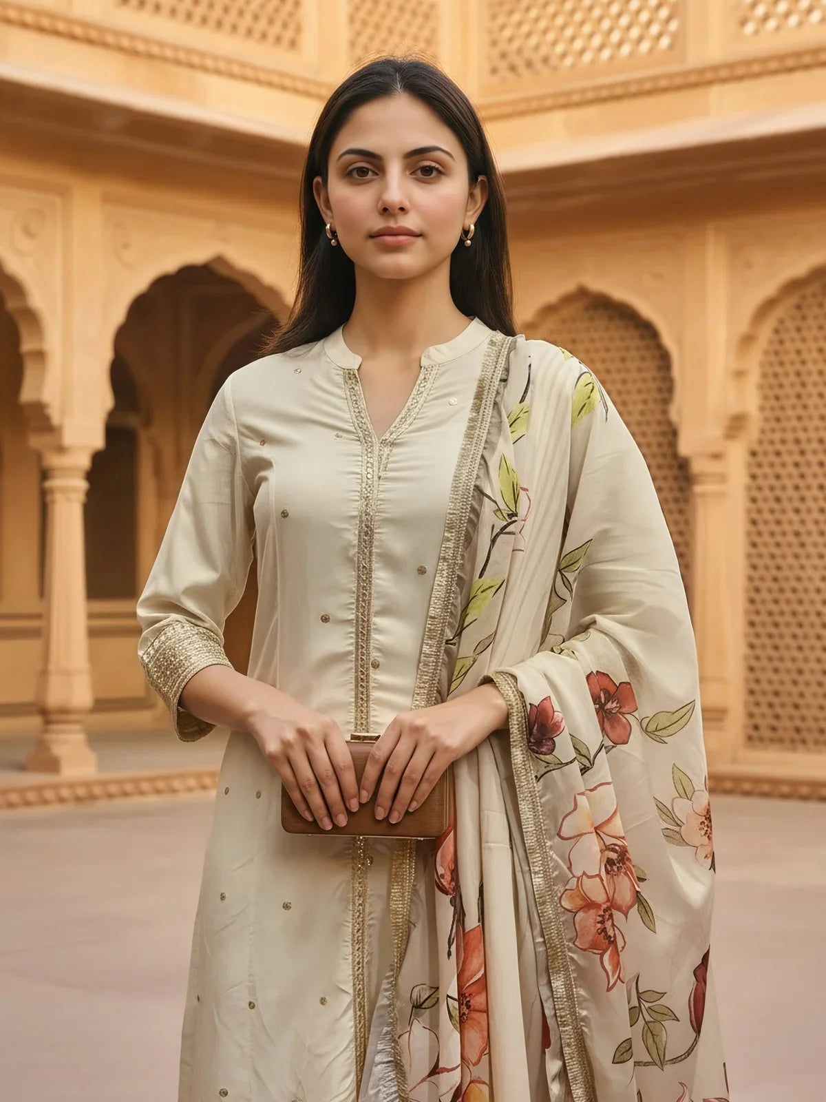 Buy Polyester Embroidered Straight Calf Length Kurta with Pant and Dupatta-Off White