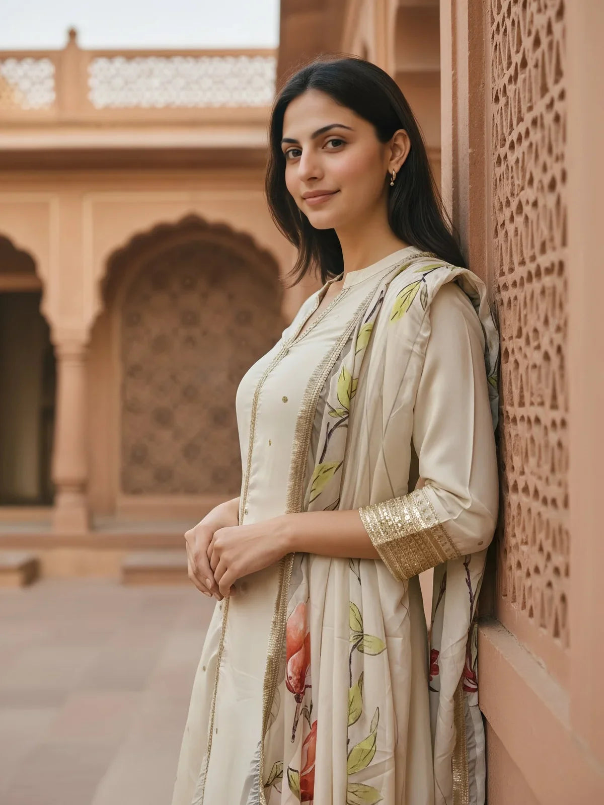 Buy Polyester Embroidered Straight Calf Length Kurta with Pant and Dupatta-Off White