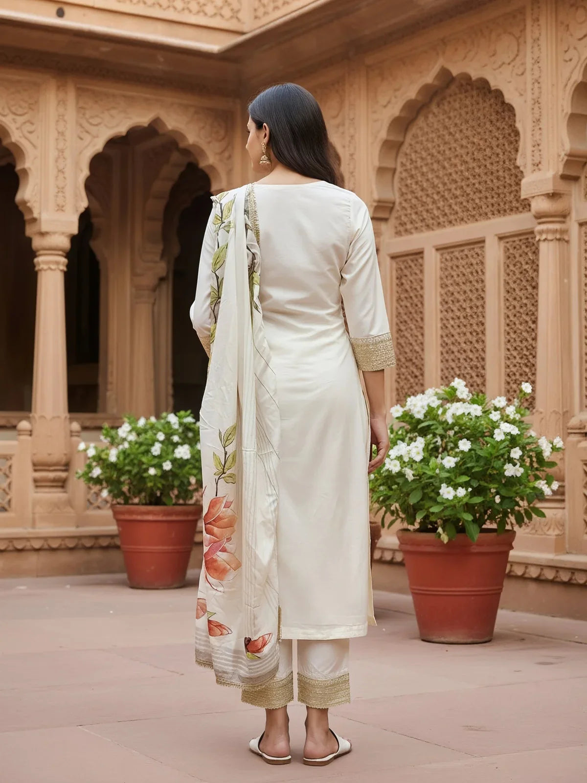 Buy Polyester Embroidered Straight Calf Length Kurta with Pant and Dupatta-Off White