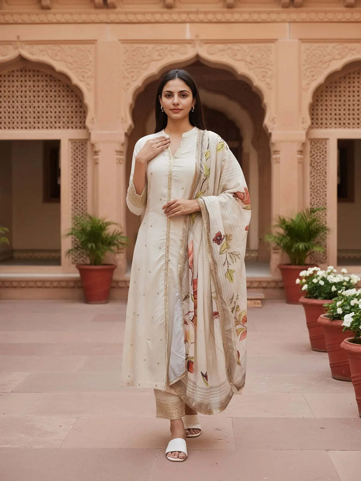 Buy Polyester Embroidered Straight Calf Length Kurta with Pant and Dupatta-Off White