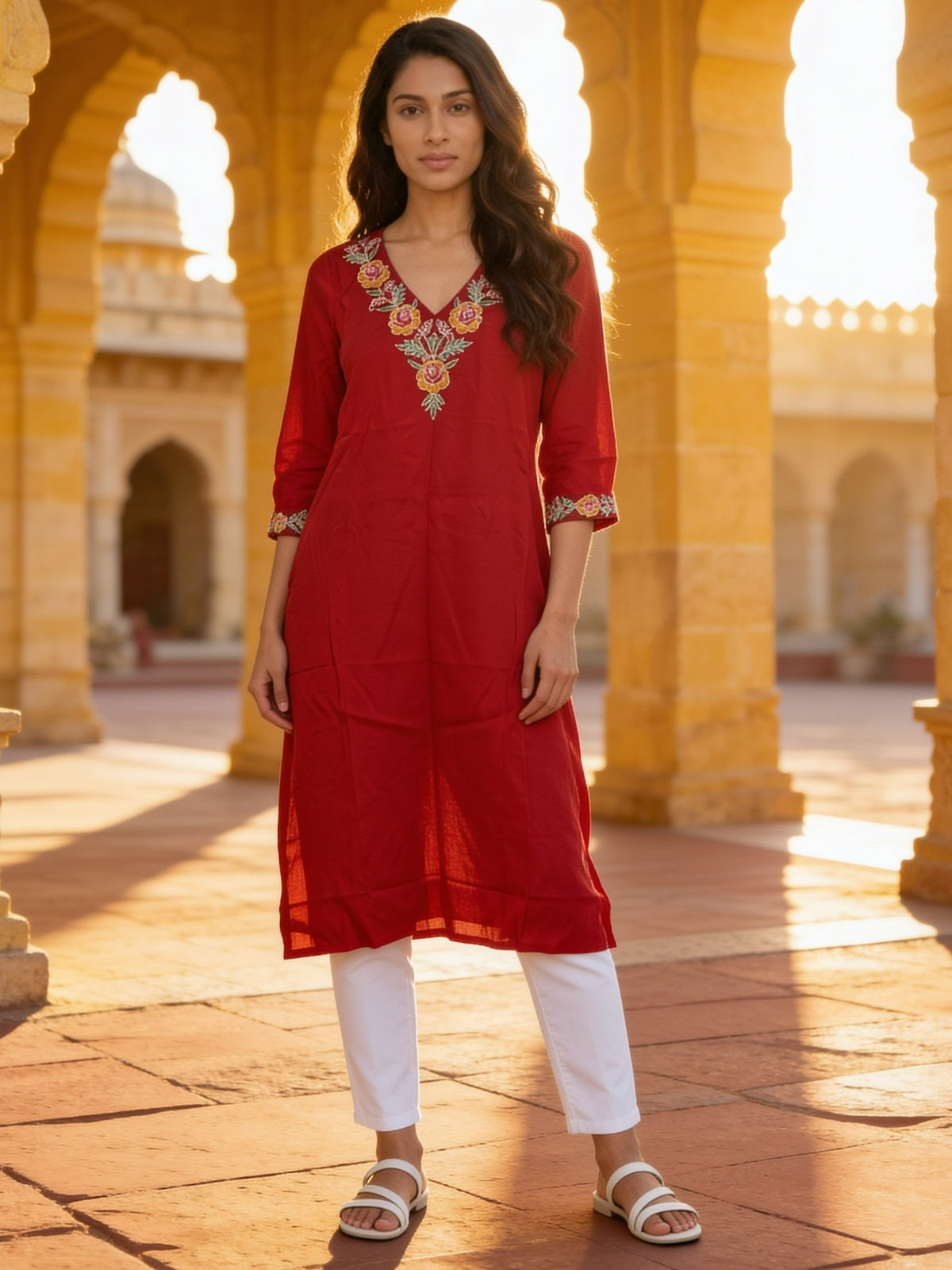 Rayon Embroidered Straight Calf Length Kurta