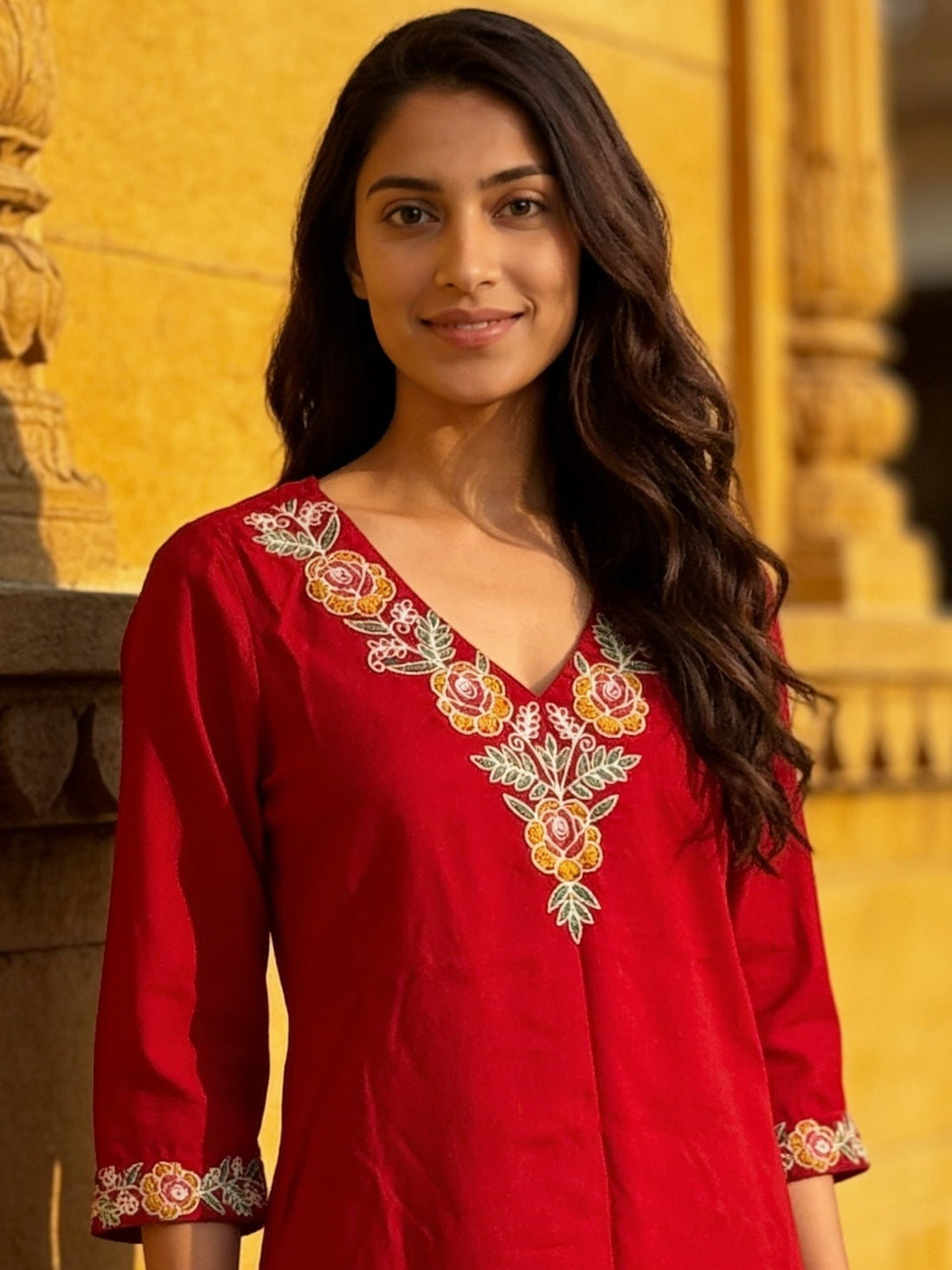 Buy Rayon Embroidered Straight Calf Length Kurta-Red