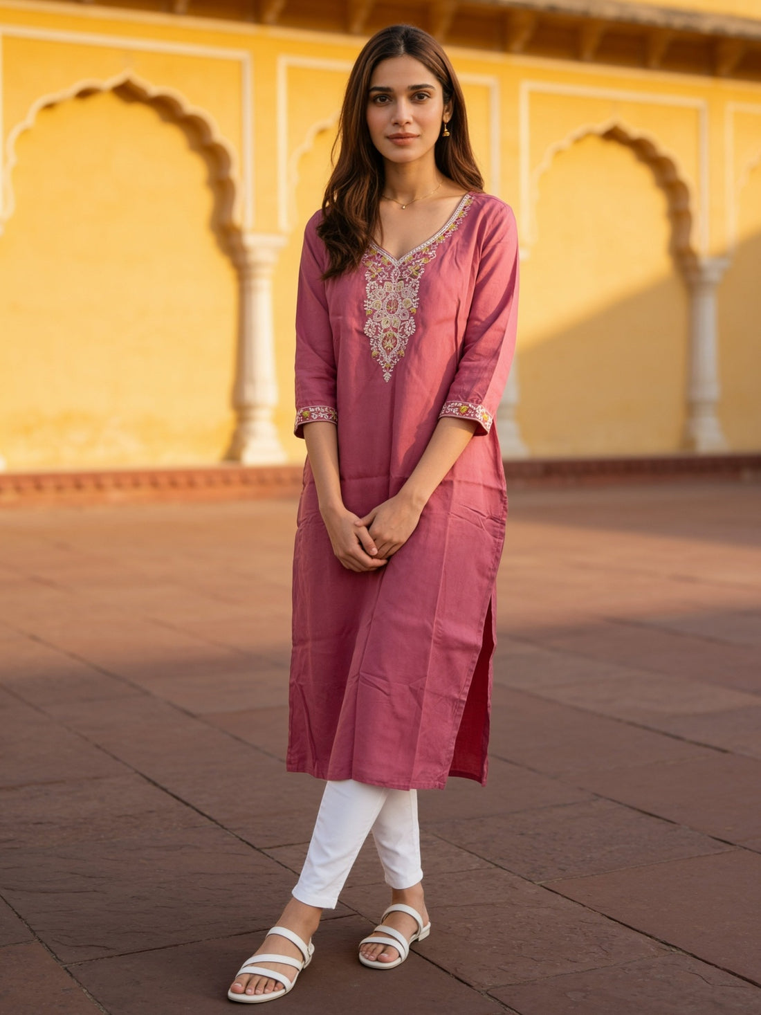 Buy Rayon Embroidered Straight Calf Length Kurta-Red
