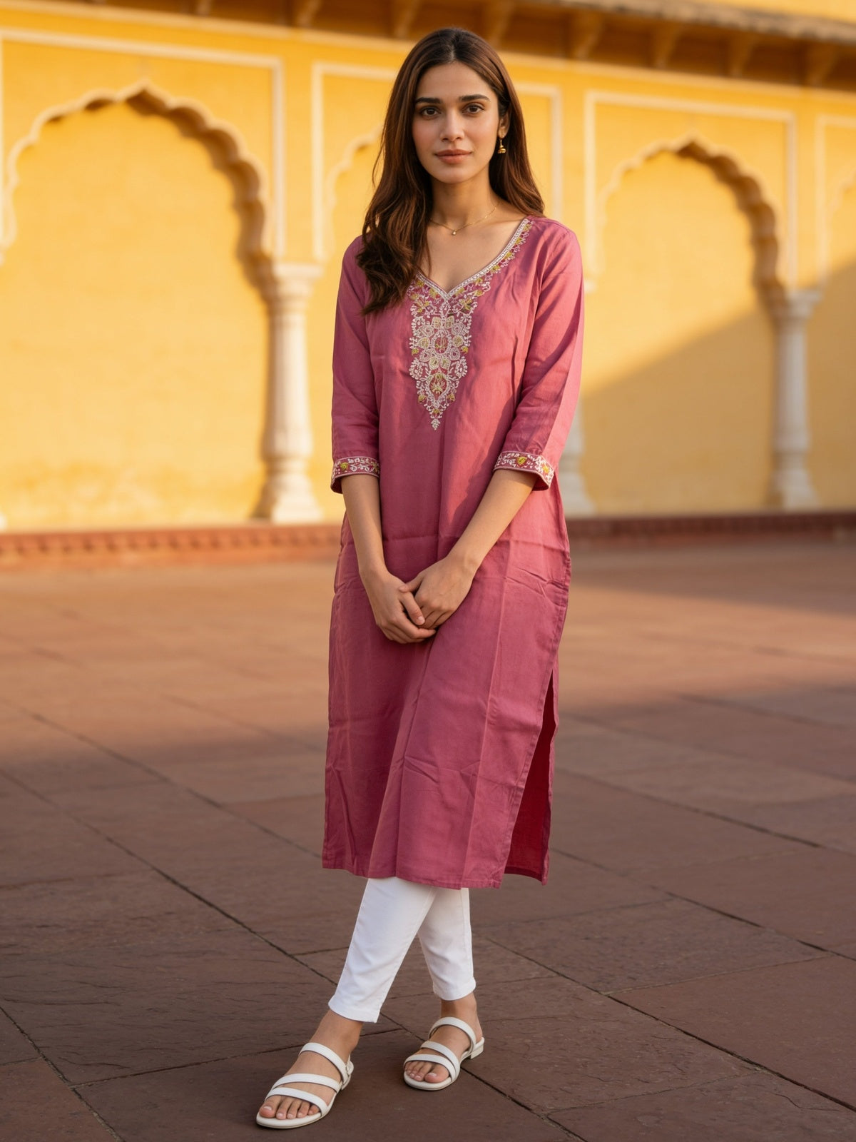 Buy Rayon Embroidered Straight Calf Length Kurta-Red