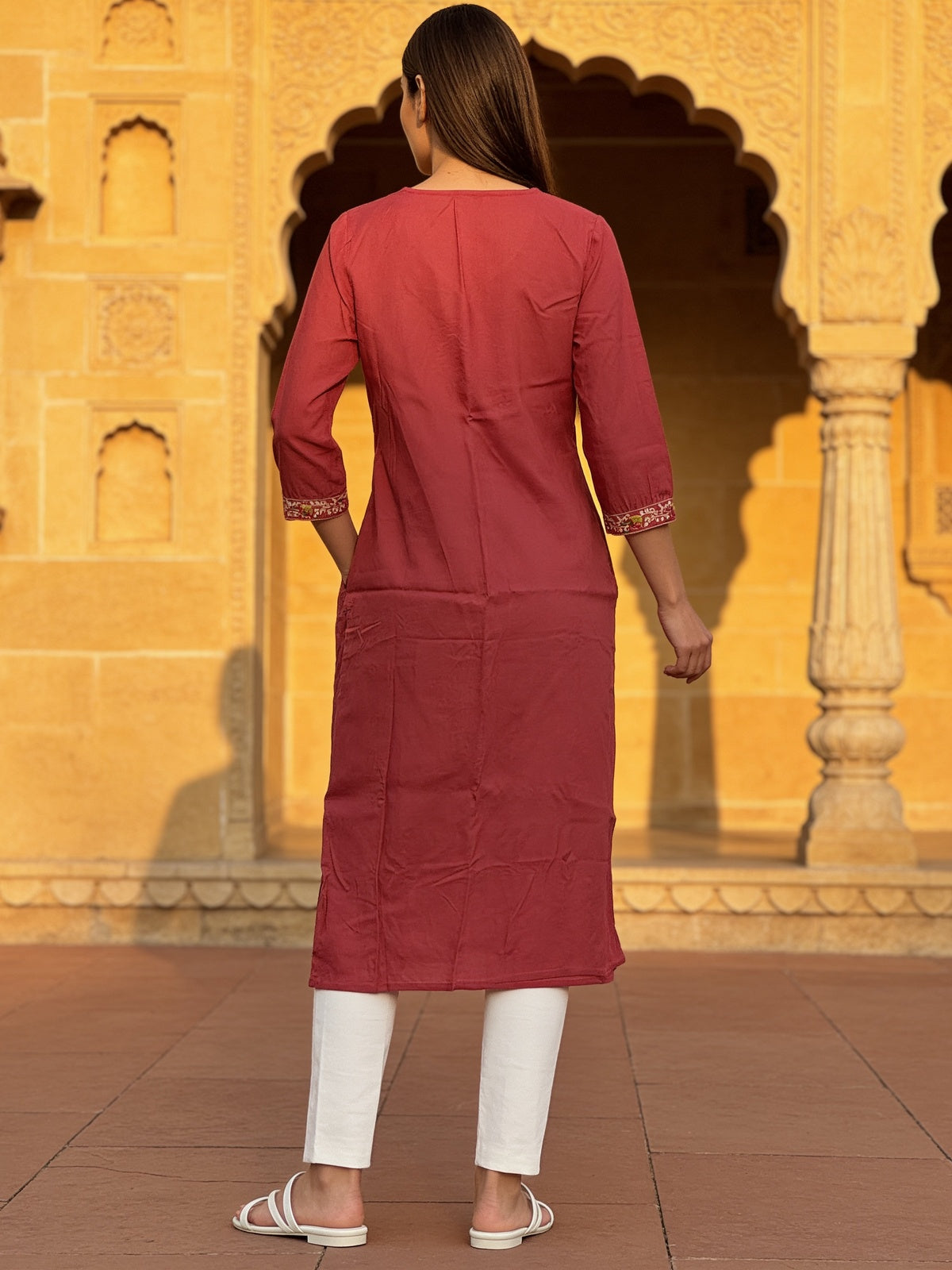Buy Rayon Embroidered Straight Calf Length Kurta-Red