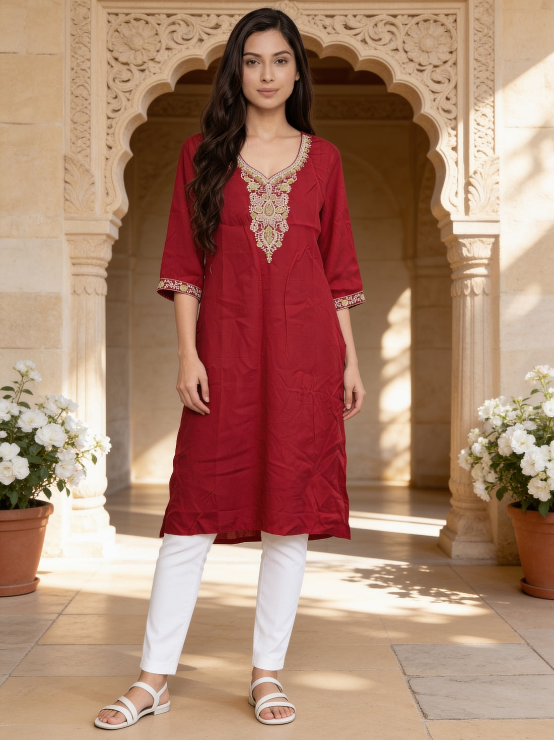 Buy Rayon Embroidered Straight Calf Length Kurta-Fuchsia
