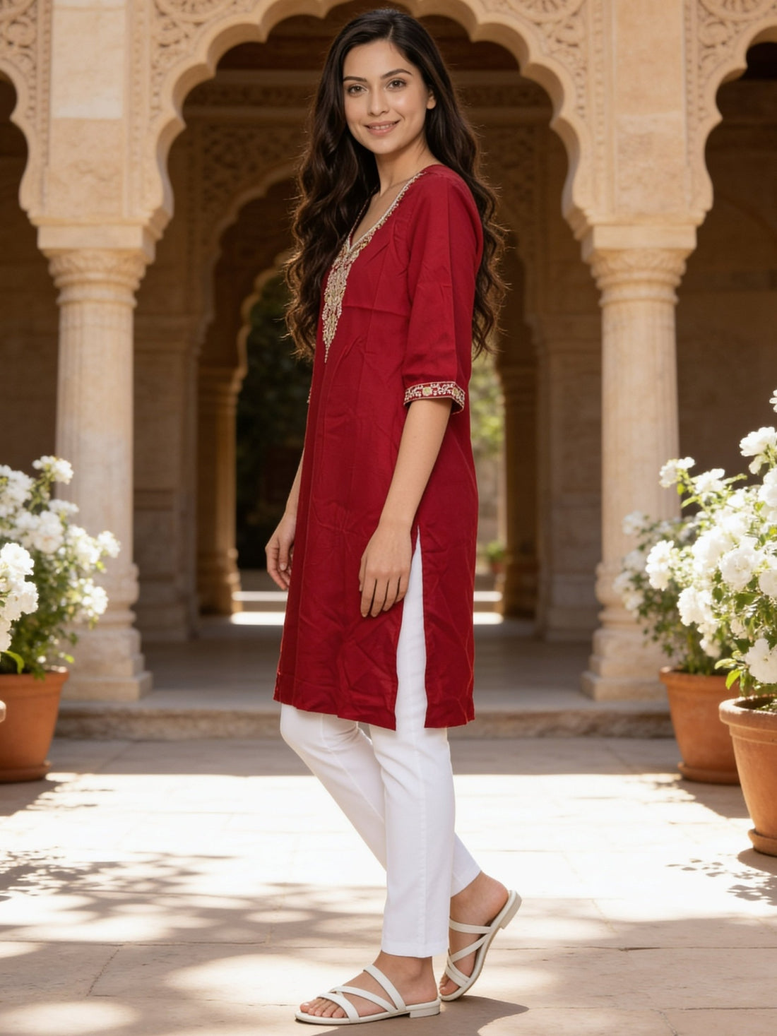 Buy Rayon Embroidered Straight Calf Length Kurta-Fuchsia