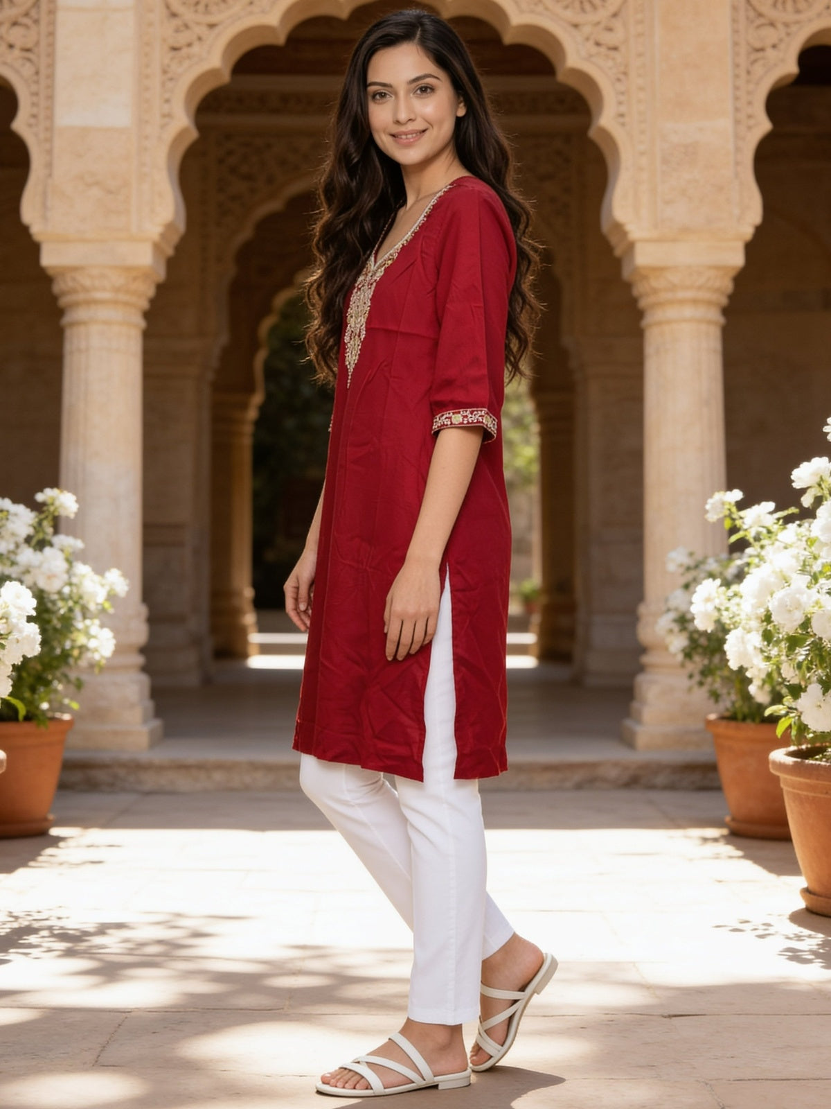 Buy Rayon Embroidered Straight Calf Length Kurta-Fuchsia
