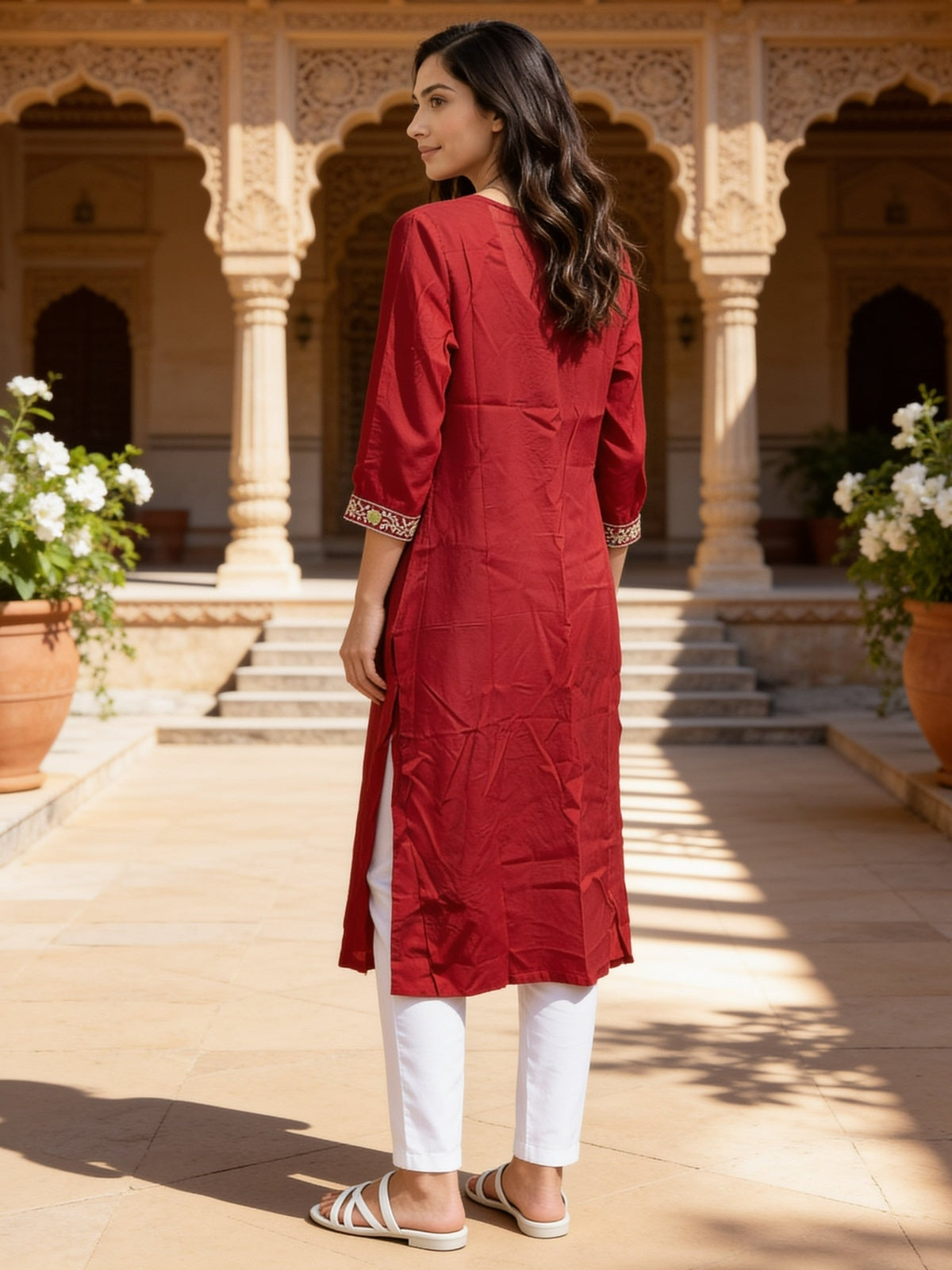 Rayon Embroidered Straight Calf Length Kurta