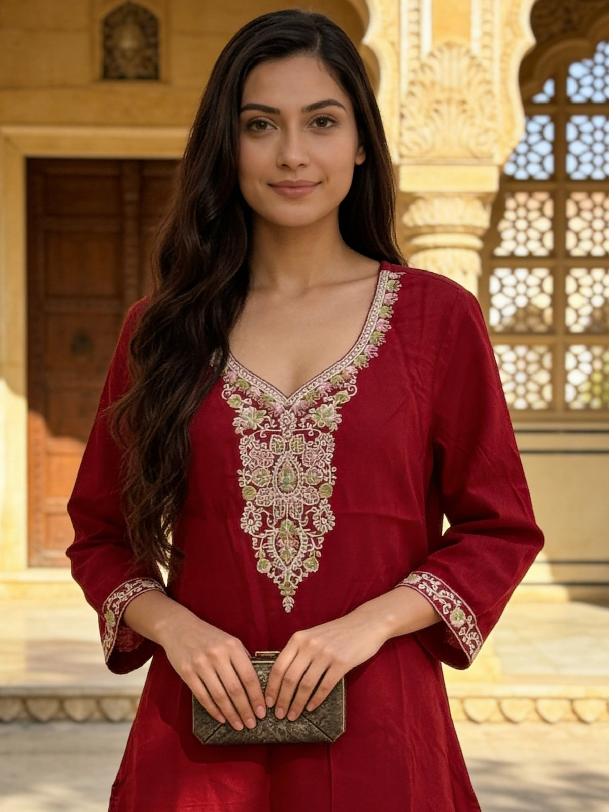 Buy Rayon Embroidered Straight Calf Length Kurta-Fuchsia