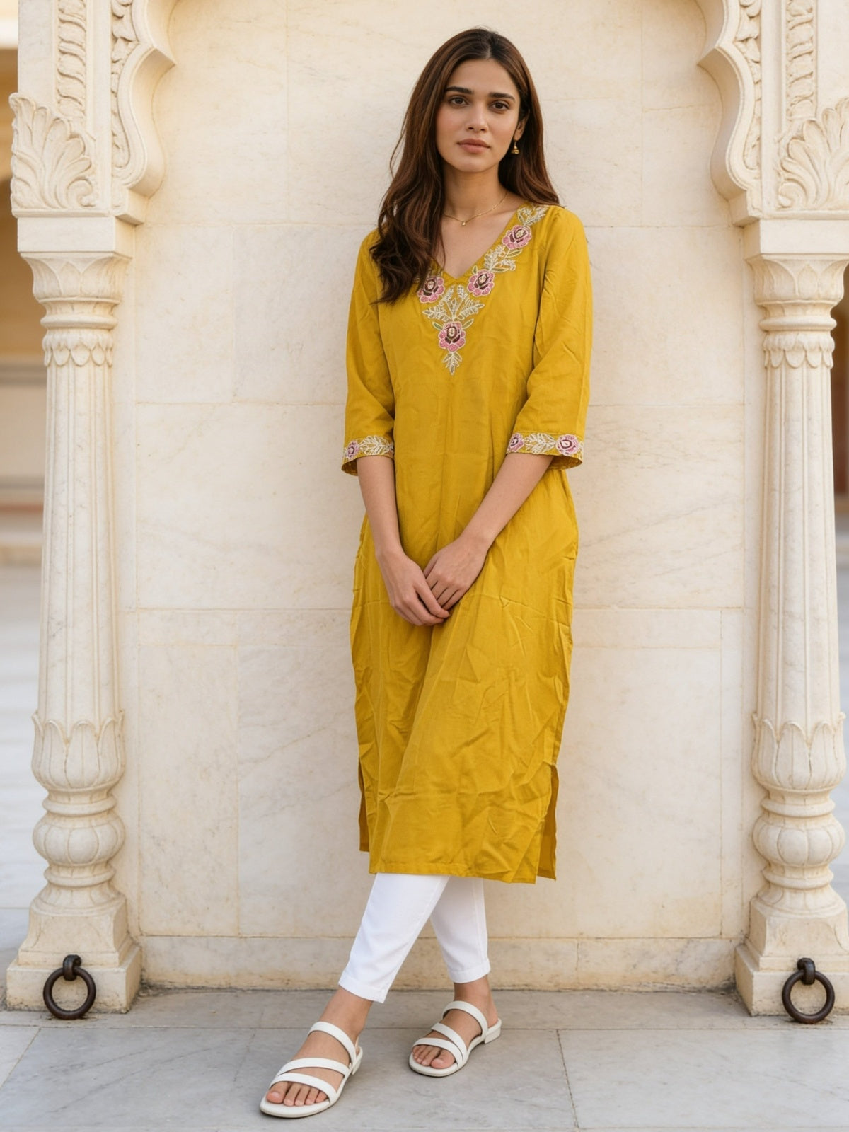 Rayon Embroidered Straight Calf Length Kurta