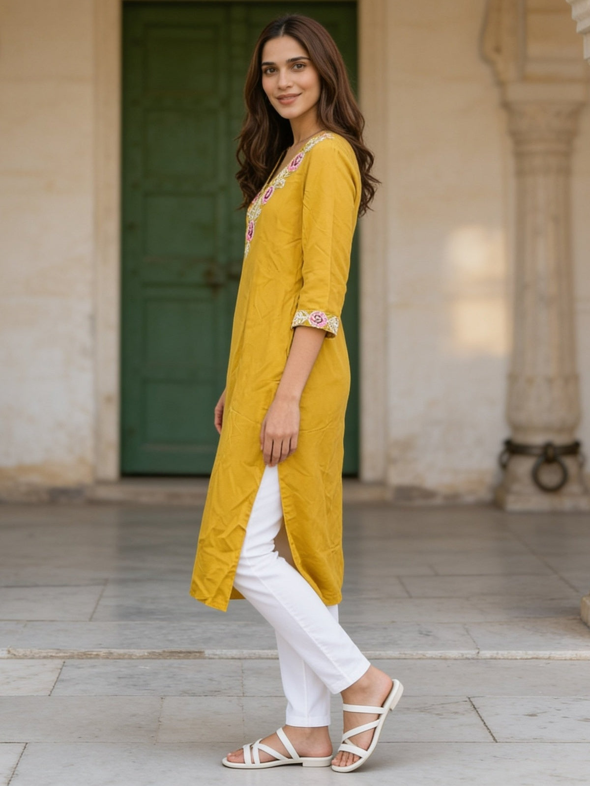 Rayon Embroidered Straight Calf Length Kurta
