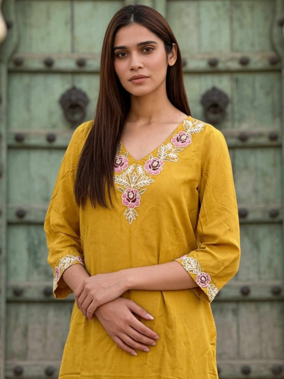 Buy Rayon Embroidered Straight Calf Length Kurta-Yellow