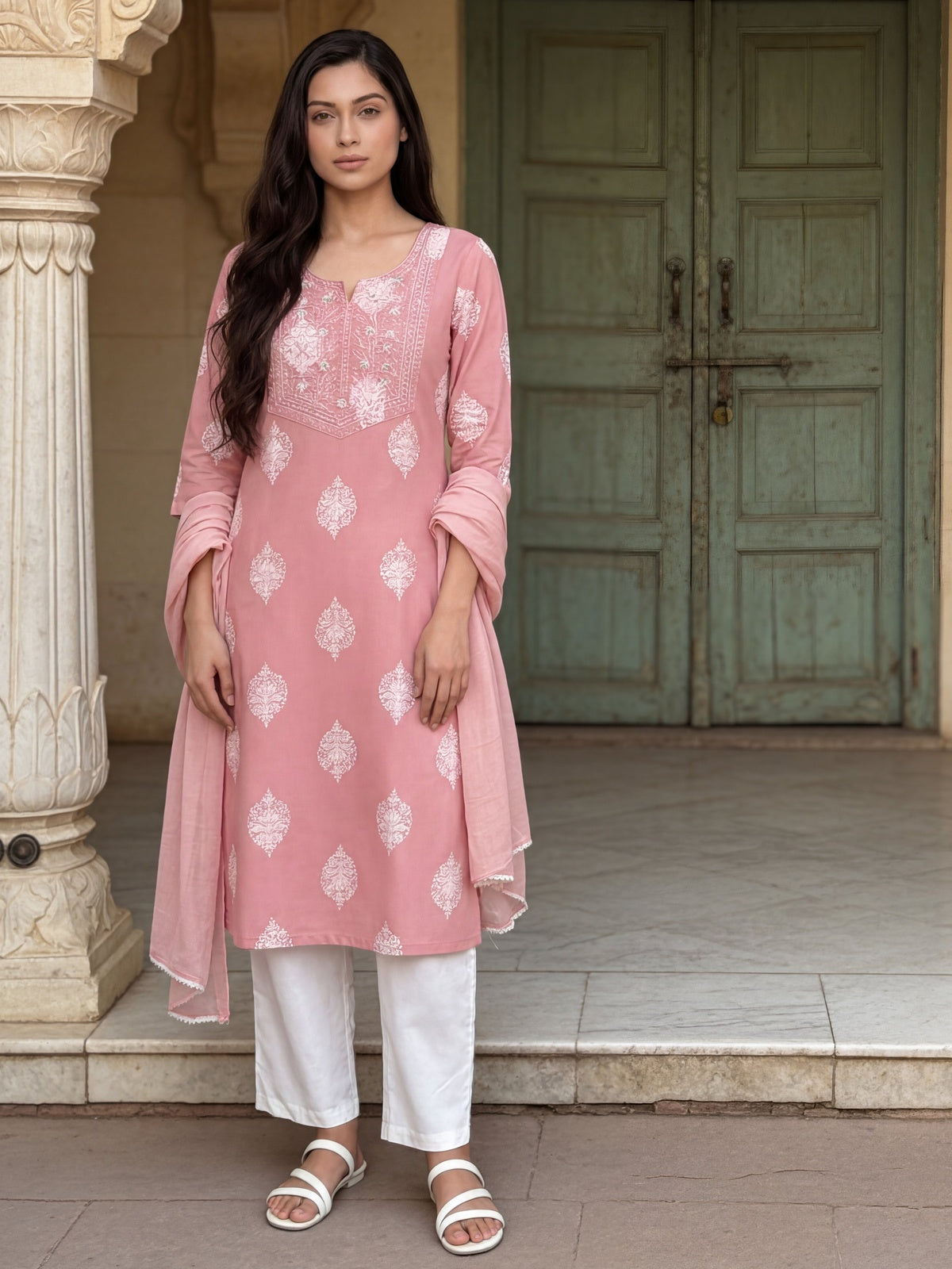 Cotton Printed Straight Calf Length Kurta With Pant and Dupatta
