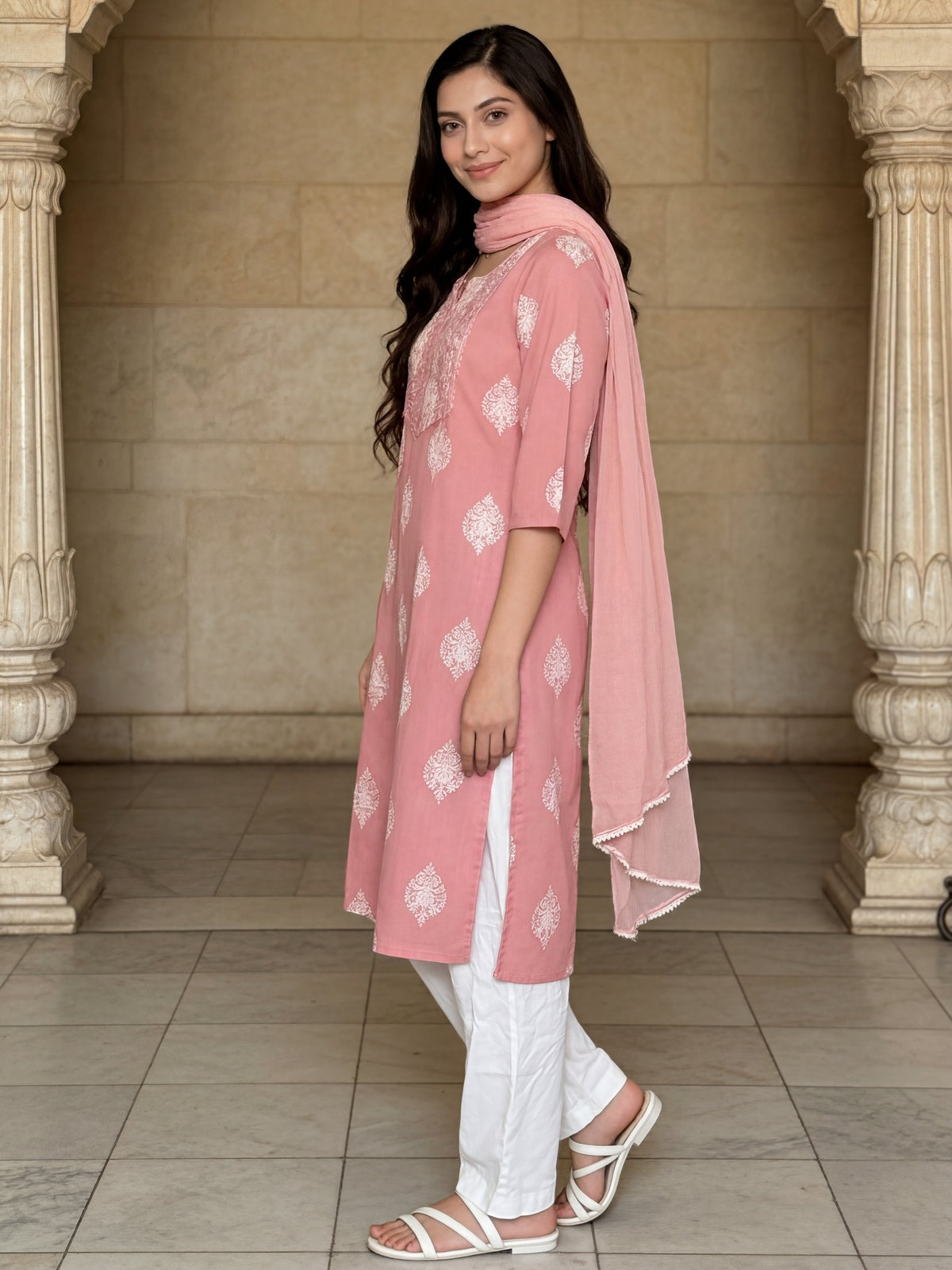 Cotton Printed Straight Calf Length Kurta With Pant and Dupatta