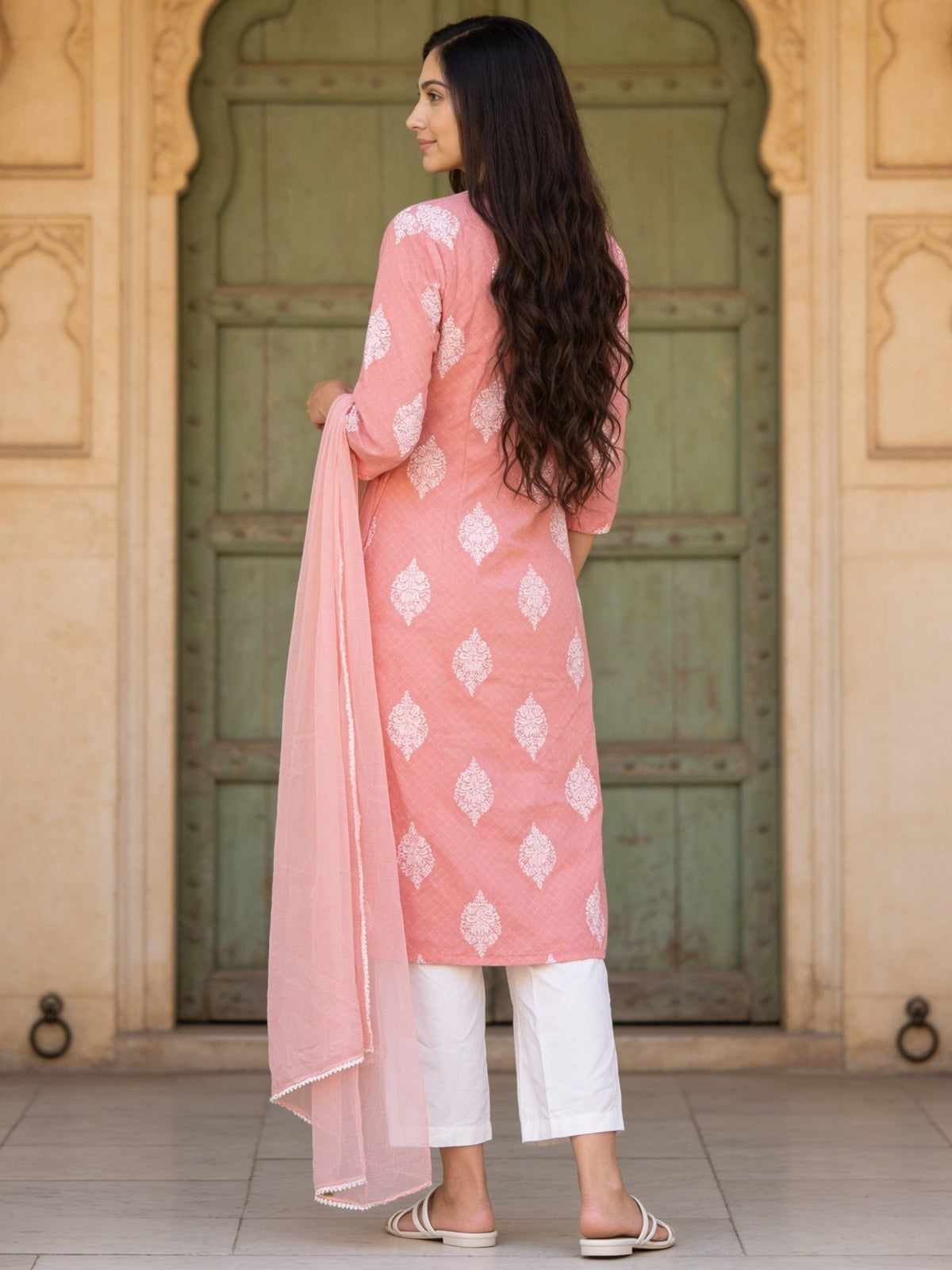 Cotton Printed Straight Calf Length Kurta With Pant and Dupatta