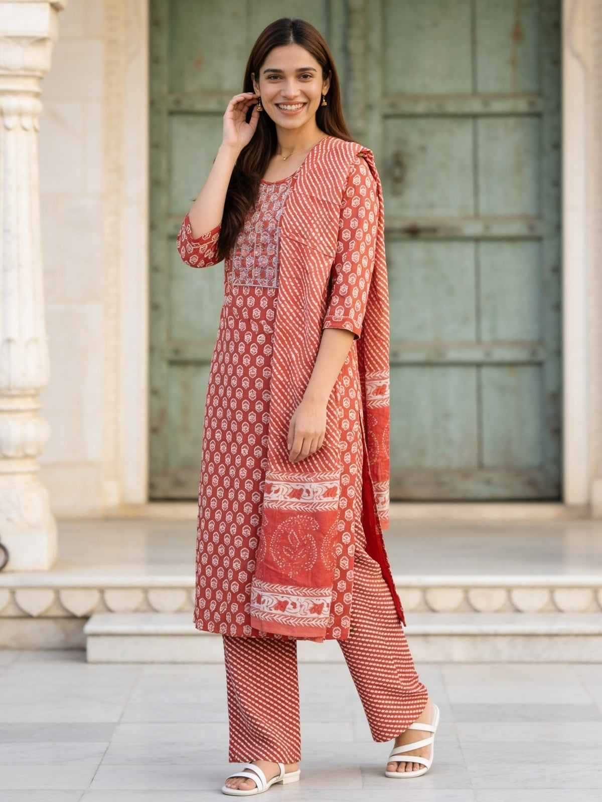 Chanderi Printed Straight Calf Length Kurta With Pant and Dupatta