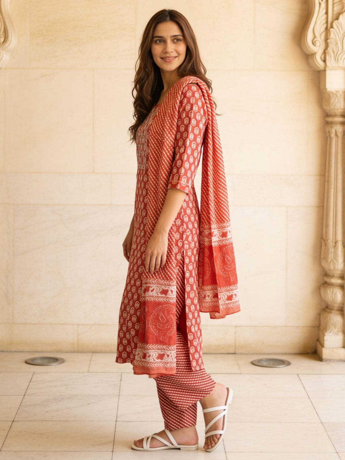Buy Chanderi Printed Straight Calf Length Kurta With Pant and Dupatta-Coral