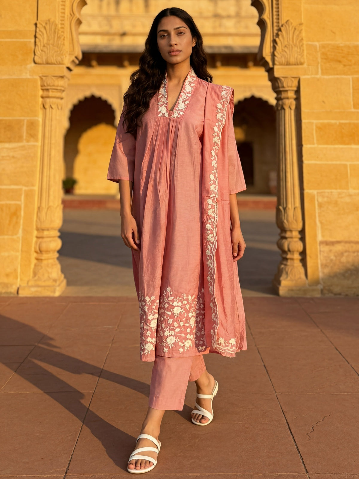 Buy Chanderi Embroidered Flared Calf Length Kurta With Pant and Dupatta-Pink