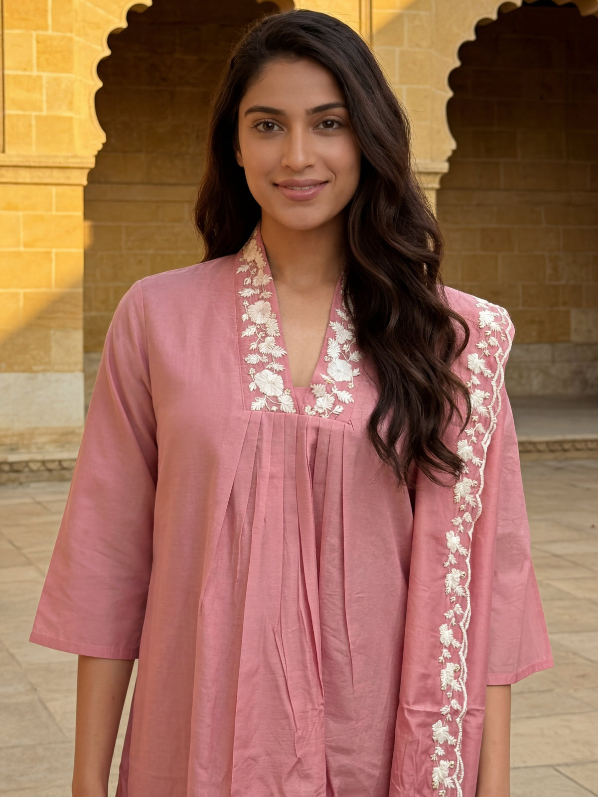 Chanderi Embroidered Flared Calf Length Kurta With Pant and Dupatta