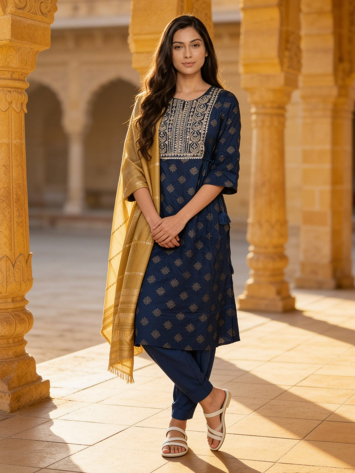 Buy Rayon Embroidered A-Line Calf Length Kurta With Pant and Dupatta-Blue