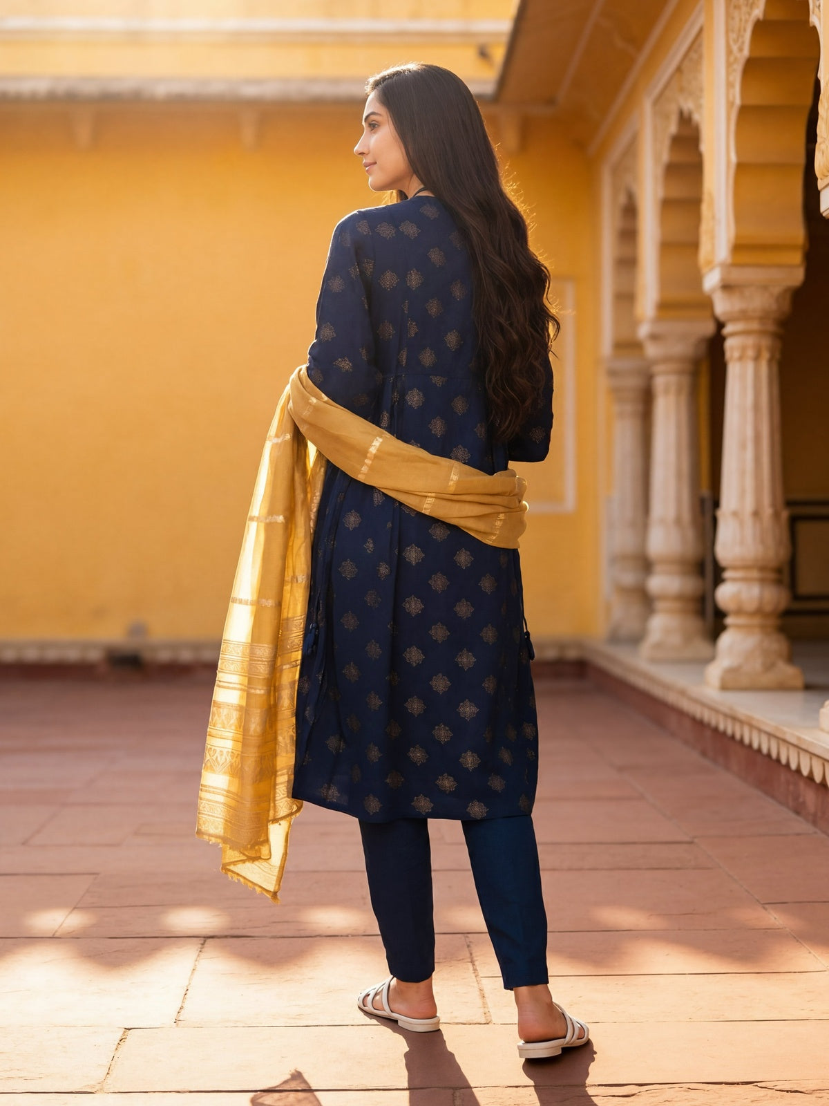 Buy Rayon Embroidered A-Line Calf Length Kurta With Pant and Dupatta-Blue