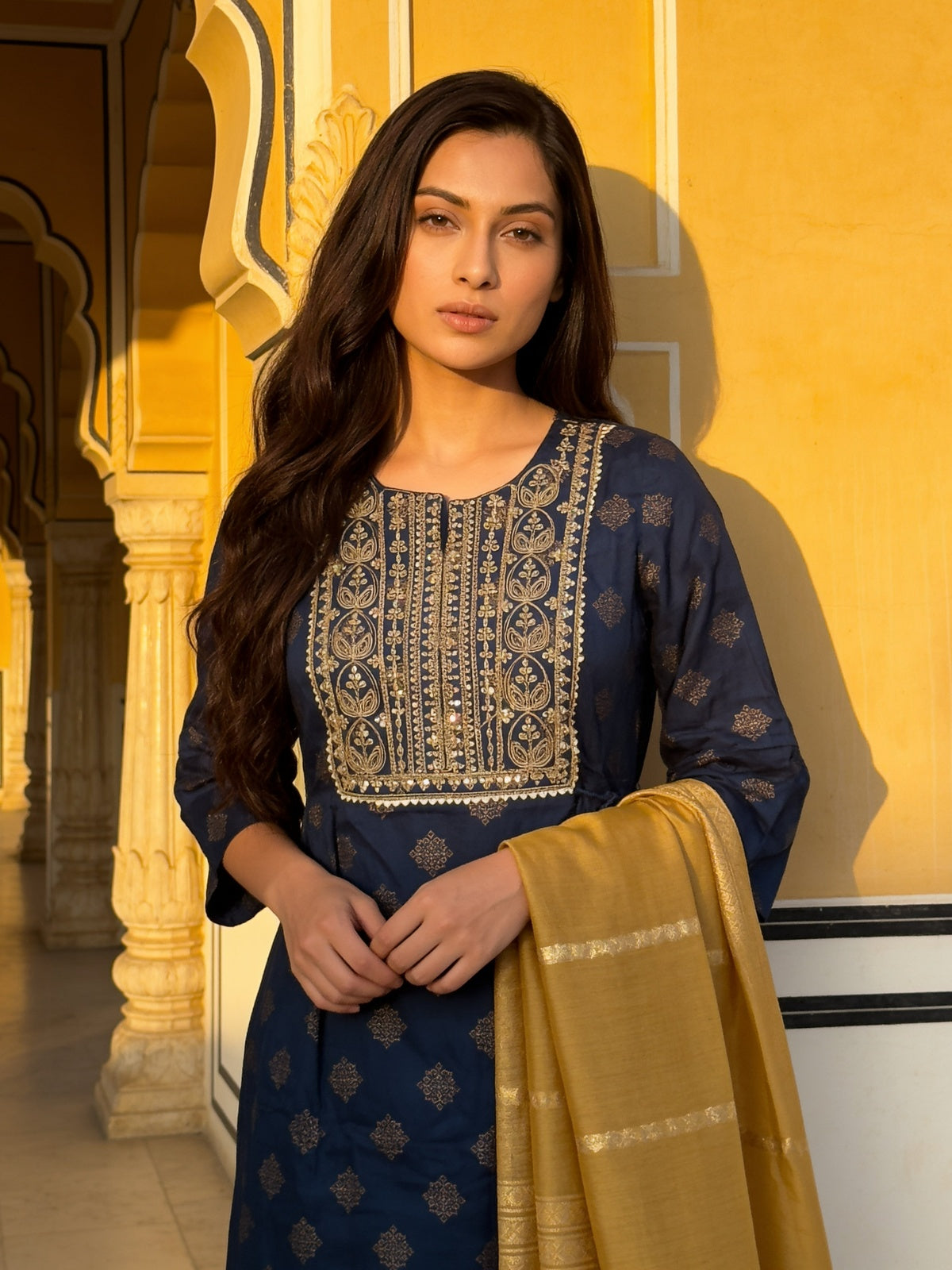 Buy Rayon Embroidered A-Line Calf Length Kurta With Pant and Dupatta-Blue