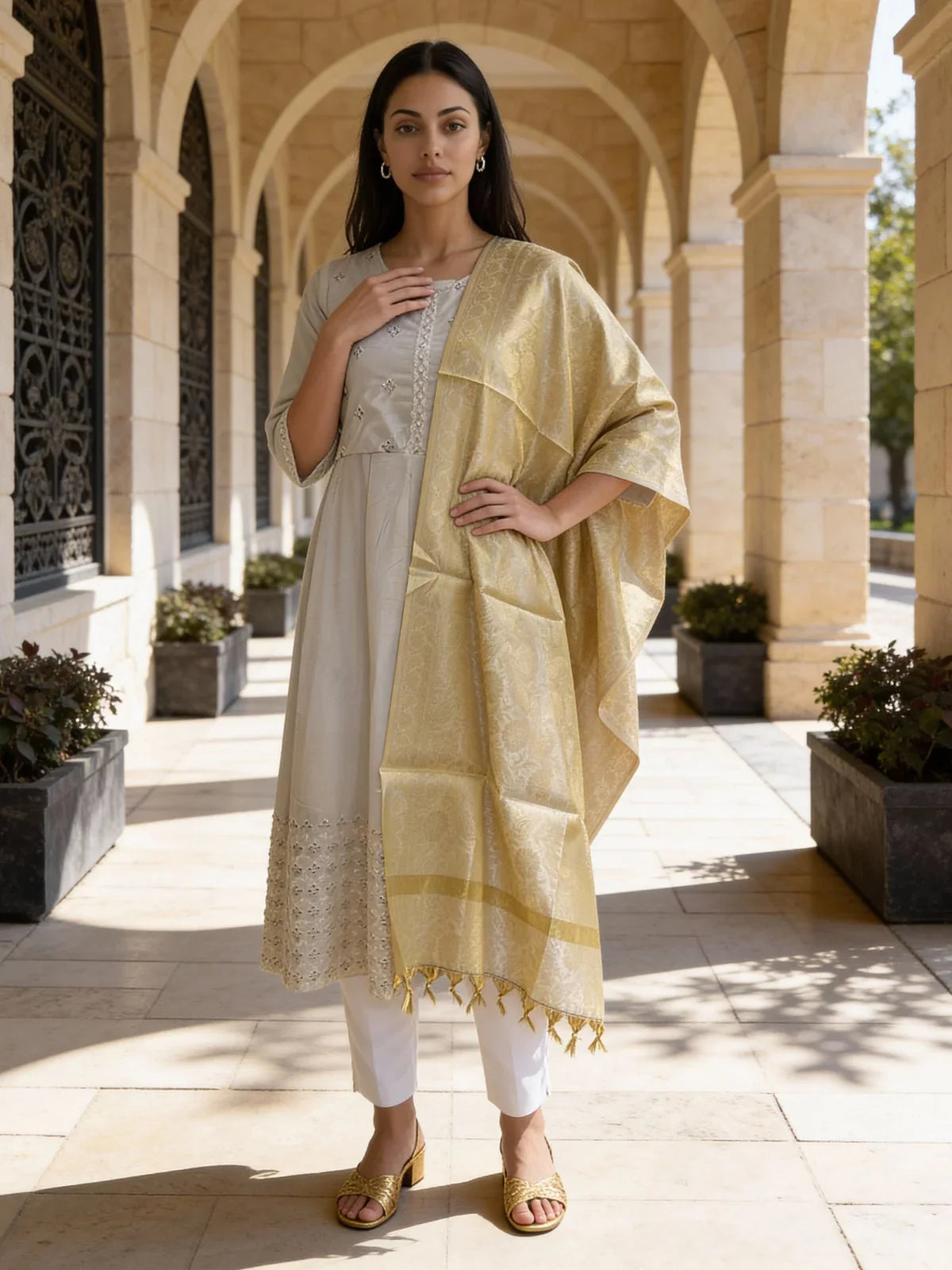 Buy Art Silk Self Design Dupatta-Cream