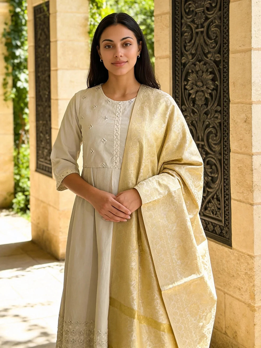 Buy Art Silk Self Design Dupatta-Cream