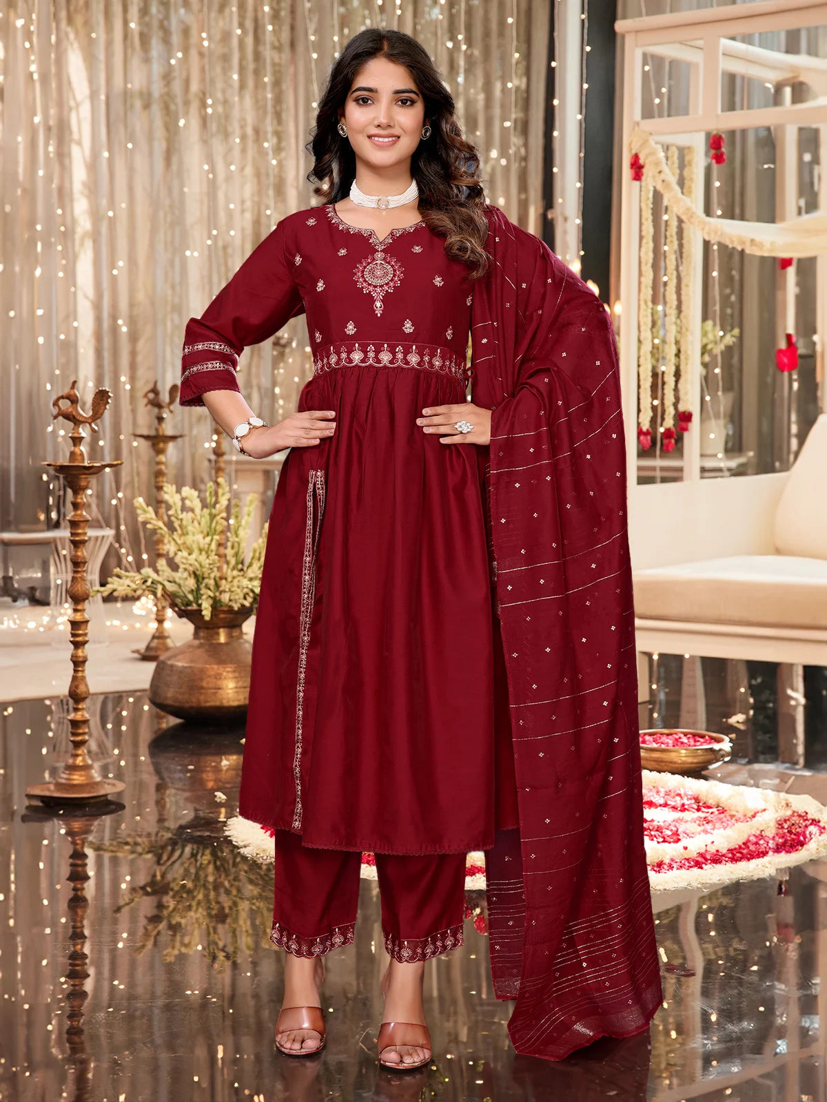 Buy Viscose Blend Embroidered Calf Length Kurta with Pant and Dupatta-Maroon