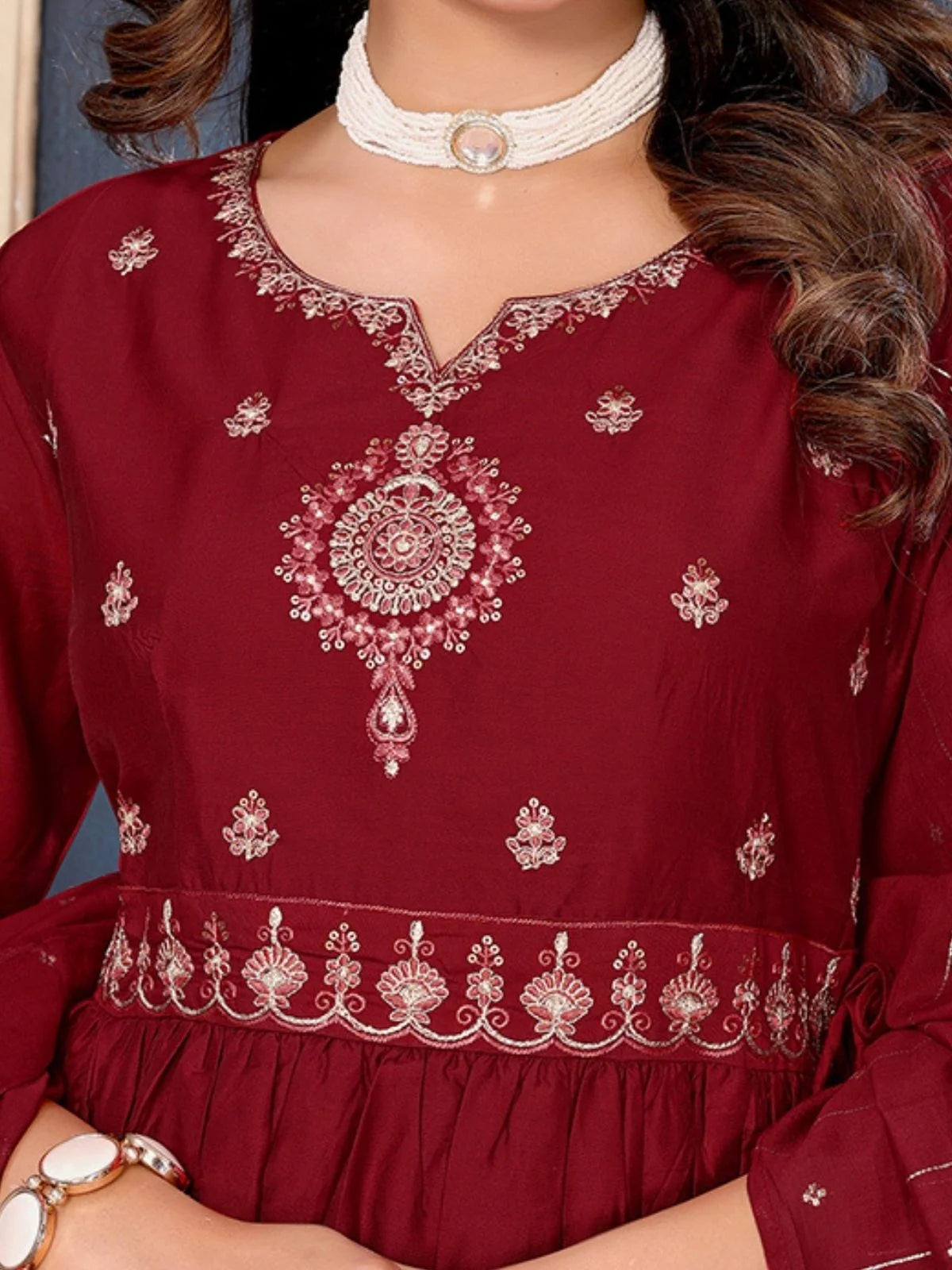 Buy Viscose Blend Embroidered Calf Length Kurta with Pant and Dupatta-Maroon