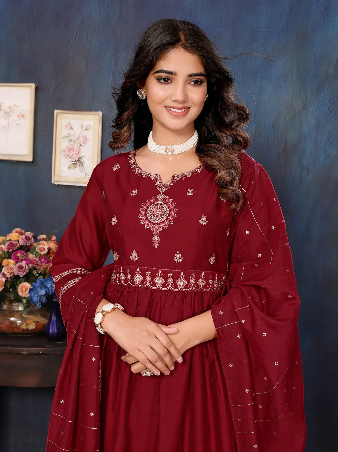 Buy Viscose Blend Embroidered Calf Length Kurta with Pant and Dupatta-Maroon