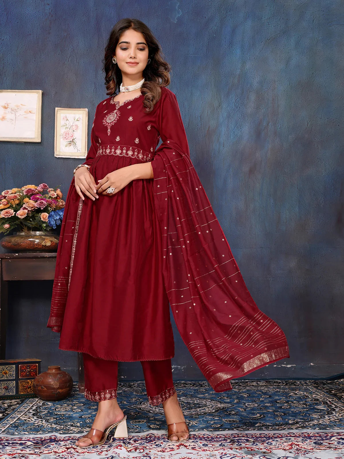 Buy Viscose Blend Embroidered Calf Length Kurta with Pant and Dupatta-Maroon