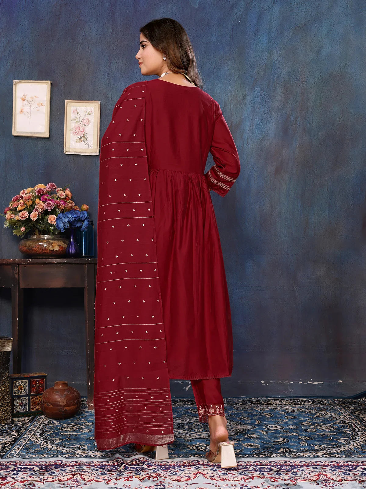 Buy Viscose Blend Embroidered Calf Length Kurta with Pant and Dupatta-Maroon