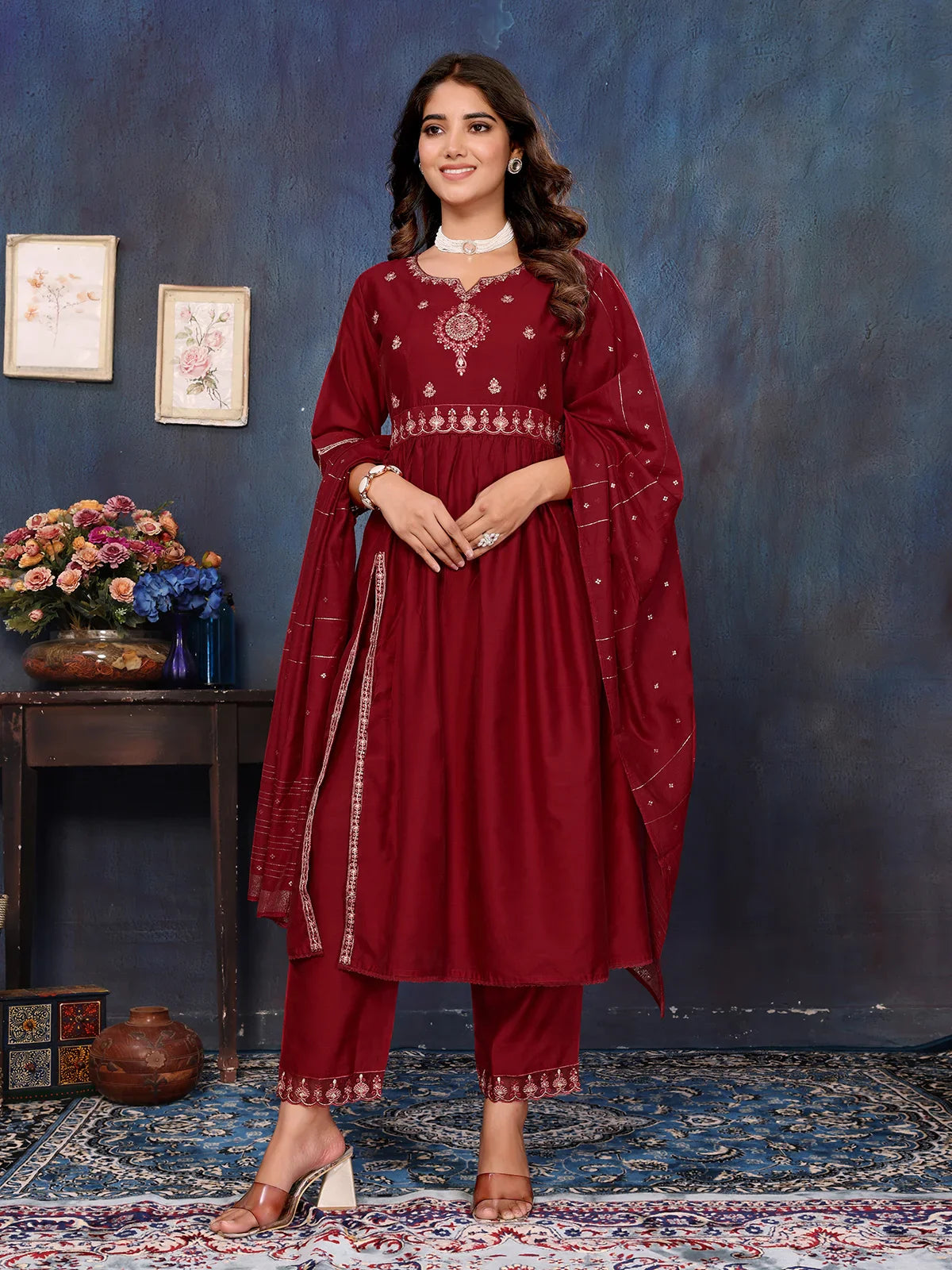 Buy Viscose Blend Embroidered Calf Length Kurta with Pant and Dupatta-Maroon