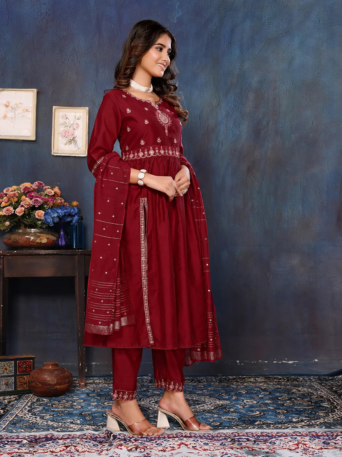 Buy Viscose Blend Embroidered Calf Length Kurta with Pant and Dupatta-Maroon