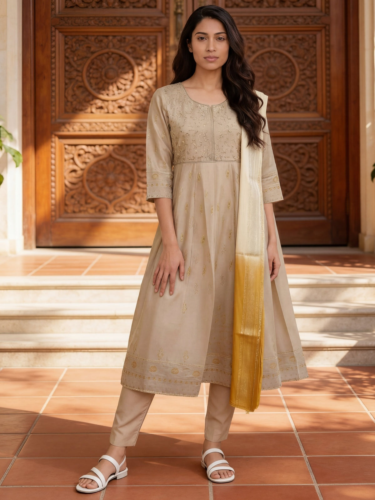 Viscose Embroidered Flared Calf Length Kurta With Pant and Dupatta