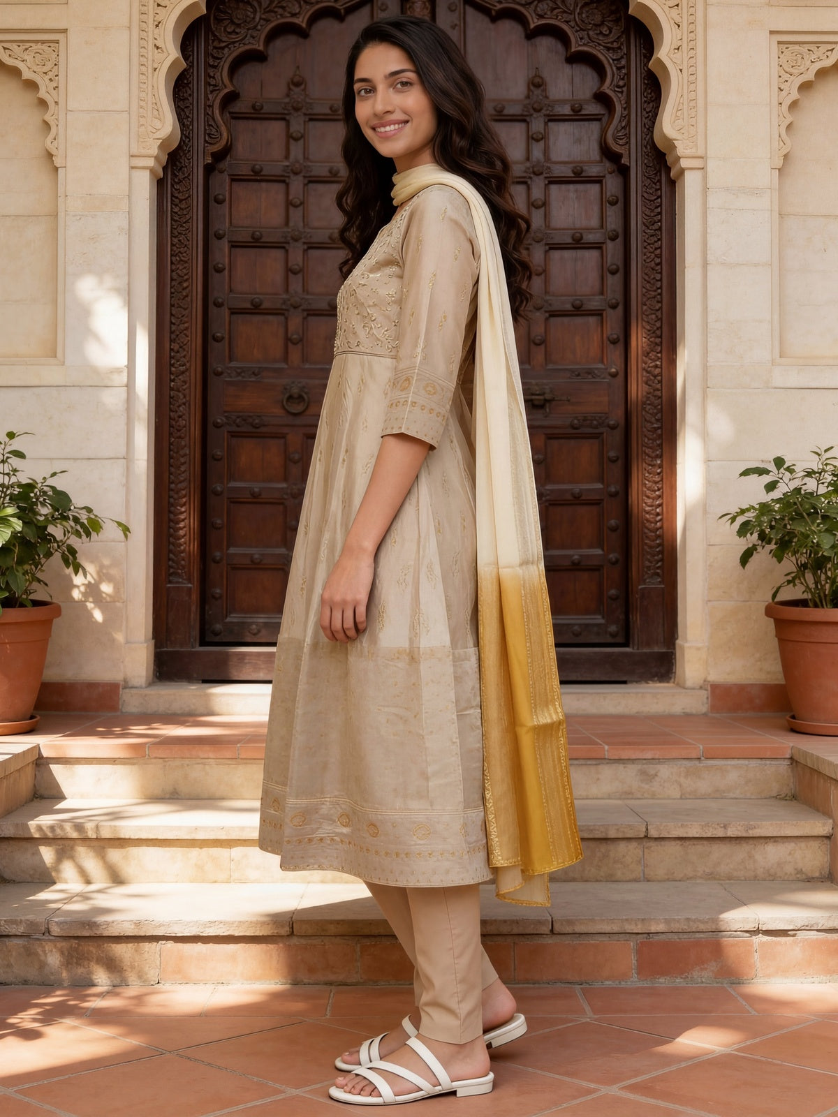 Viscose Embroidered Flared Calf Length Kurta With Pant and Dupatta
