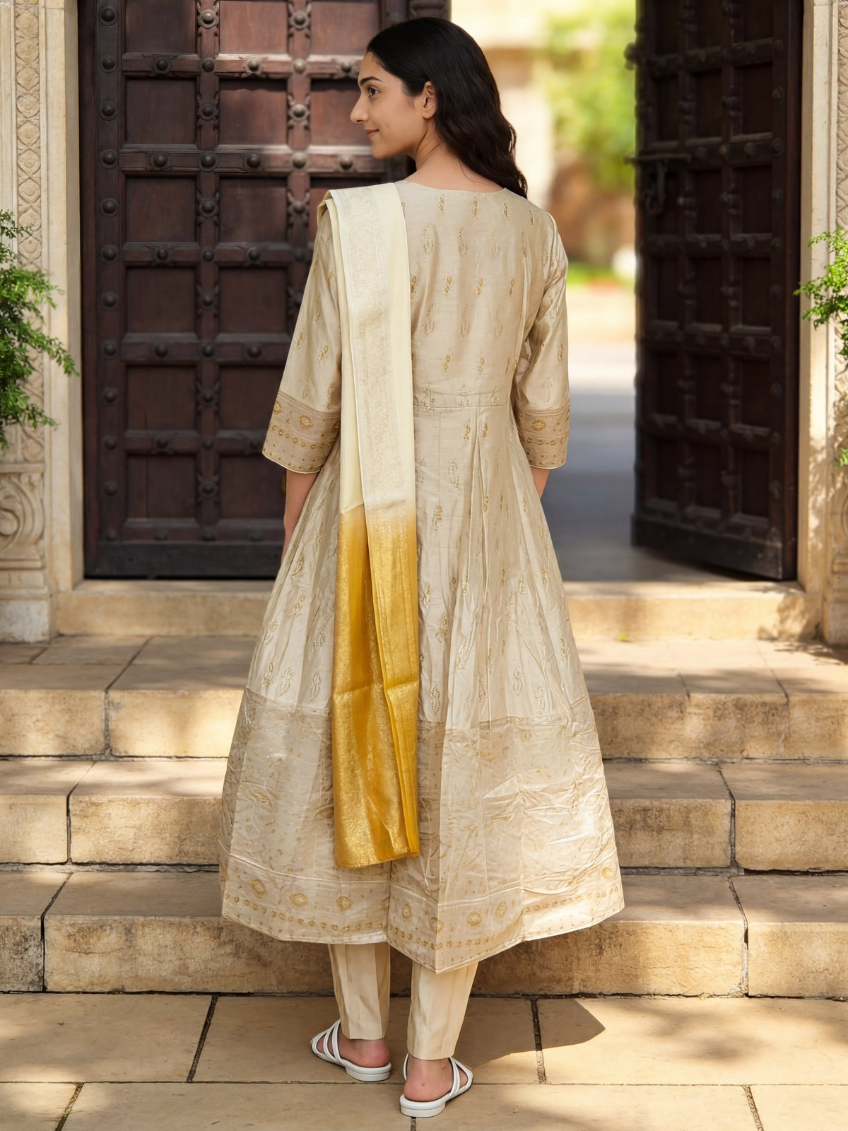 Buy Viscose Embroidered Flared Calf Length Kurta With Pant and Dupatta-Beige