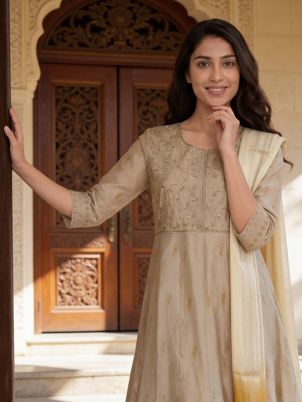 Buy Viscose Embroidered Flared Calf Length Kurta With Pant and Dupatta-Beige