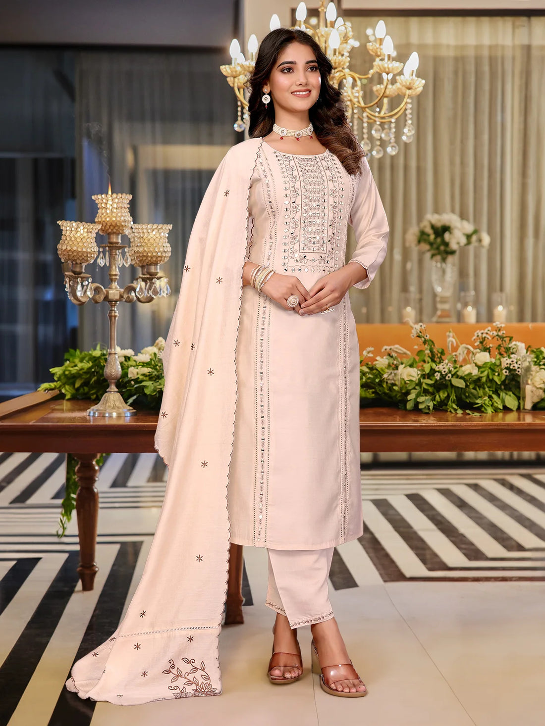 Buy Viscose Blend Embroidered Calf Length Kurta with Pant and Dupatta-Cream