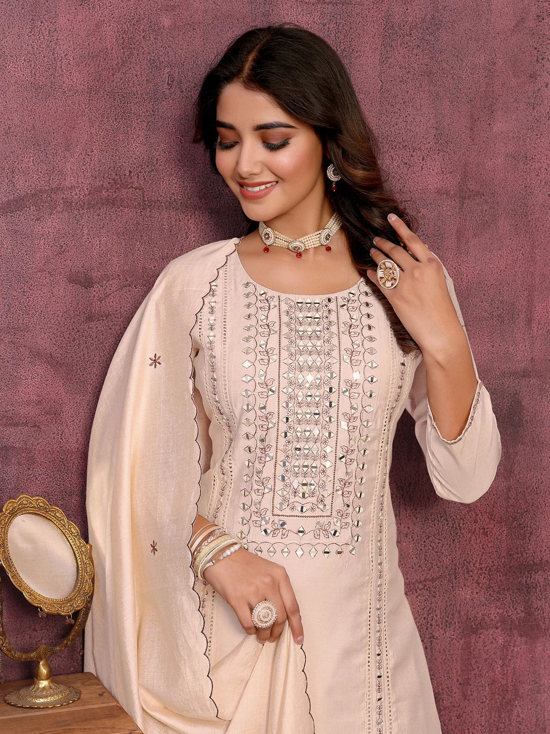 Buy Viscose Blend Embroidered Calf Length Kurta with Pant and Dupatta-Cream