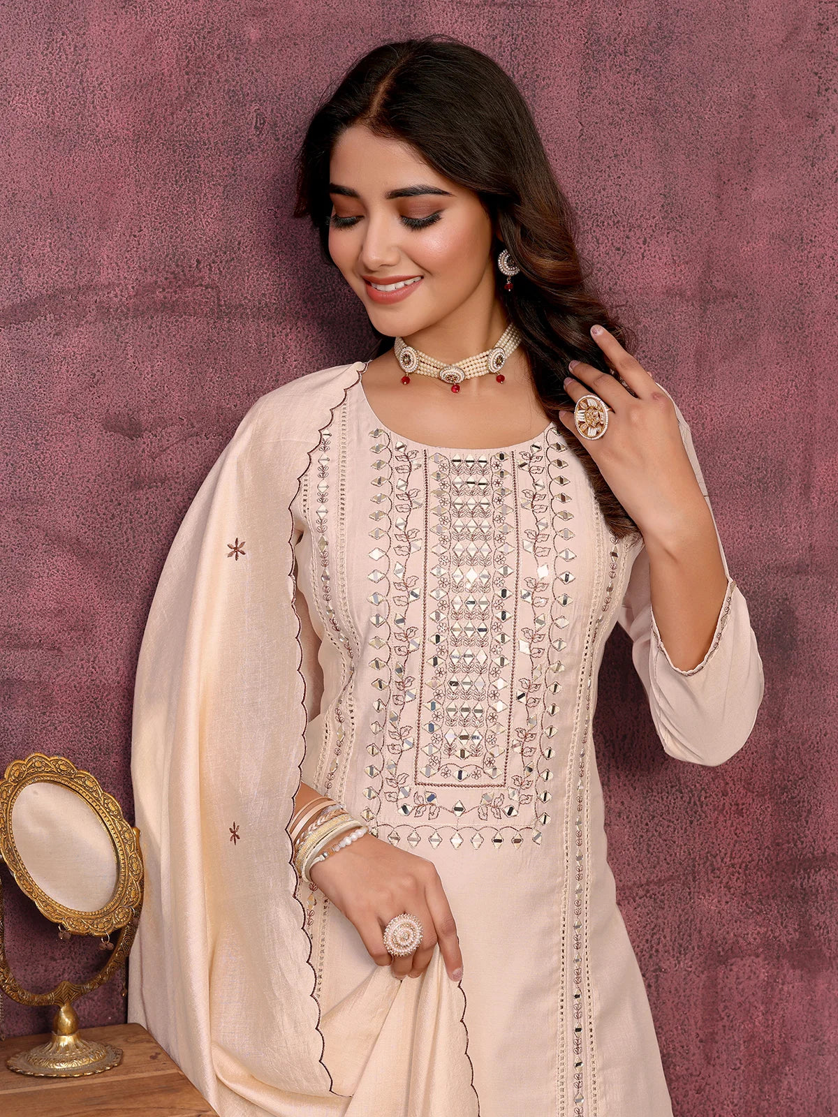 Buy Viscose Blend Embroidered Calf Length Kurta with Pant and Dupatta-Cream