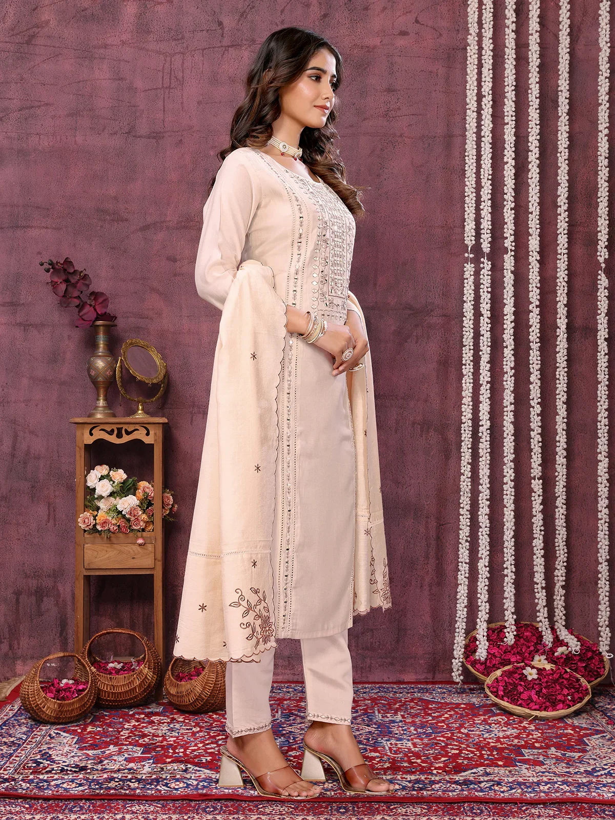 Buy Viscose Blend Embroidered Calf Length Kurta with Pant and Dupatta-Cream